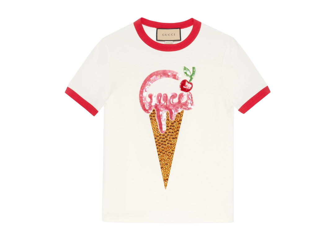 Gucci Gucci Ice Cream Cotton Jersey T-Shirt In Ivory Cotton Jersey-Red Trim Crewneck