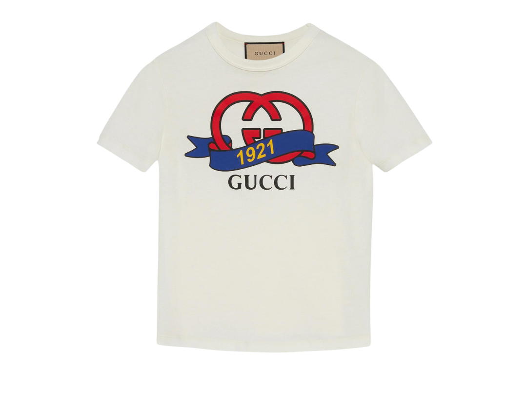 Gucci Gucci Interlocking G 1921 Gucci Cotton T-Shirt In White Cotton Jersey With Print Crewneck