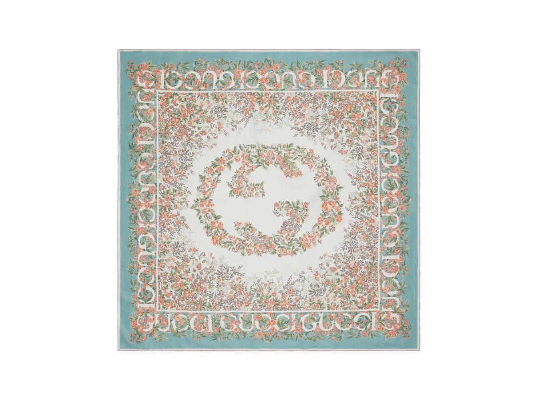 Gucci Gucci Interlocking G Floral Print Silk Carré In Acquamarine-Pink Print Silk Twill