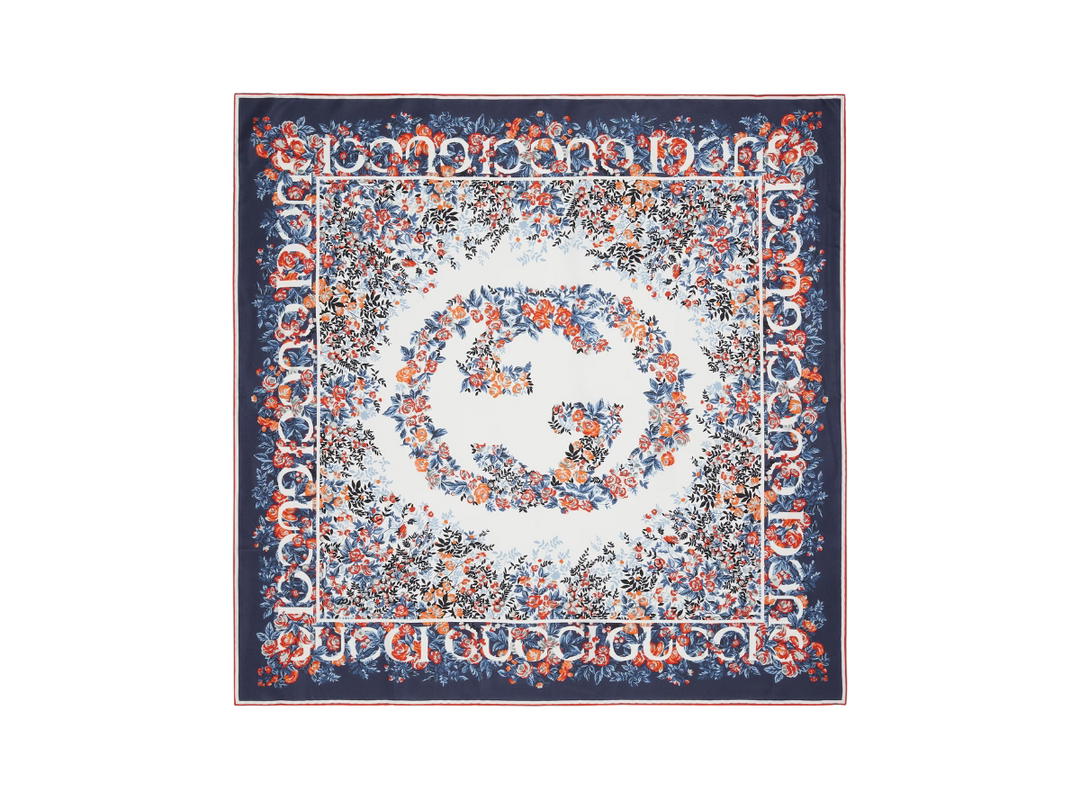 Gucci Gucci Interlocking G Floral Print Silk Carré In Navy-Red Print Silk