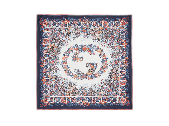 Gucci Gucci Interlocking G Floral Print Silk Carré In Navy-Red Print Silk - view 1