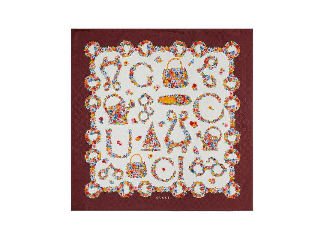 Gucci Gucci Interlocking G Floral Silk Carré In White-Bordeaux Print Silk