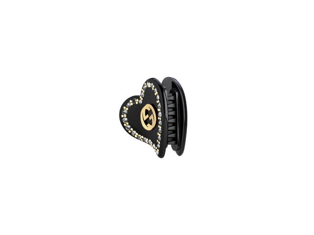 Gucci Gucci Interlocking G Heart Hair Clip In Black Resin With Heart Crystal Trim With Yellow Interlocking G - view 2