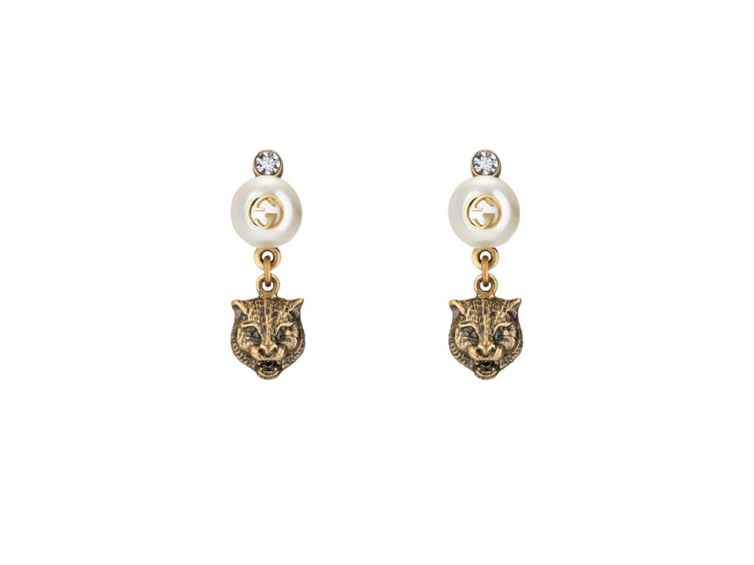 Gucci Gucci Interlocking G With Tiger Head Earrings In Metal With Yellow Gold-toned Finish
