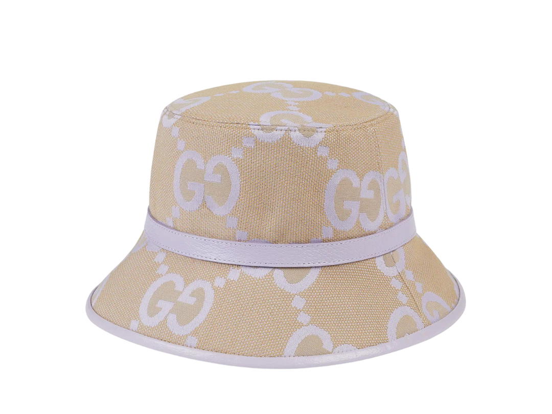 Gucci Gucci Jumbo GG Bucket Hat In Beige And Lilac Canvas With Lilac Leather Trim