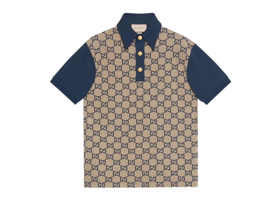 Gucci Gucci Jumbo GG Cotton Silk Jacquard Polo Beige And Blue