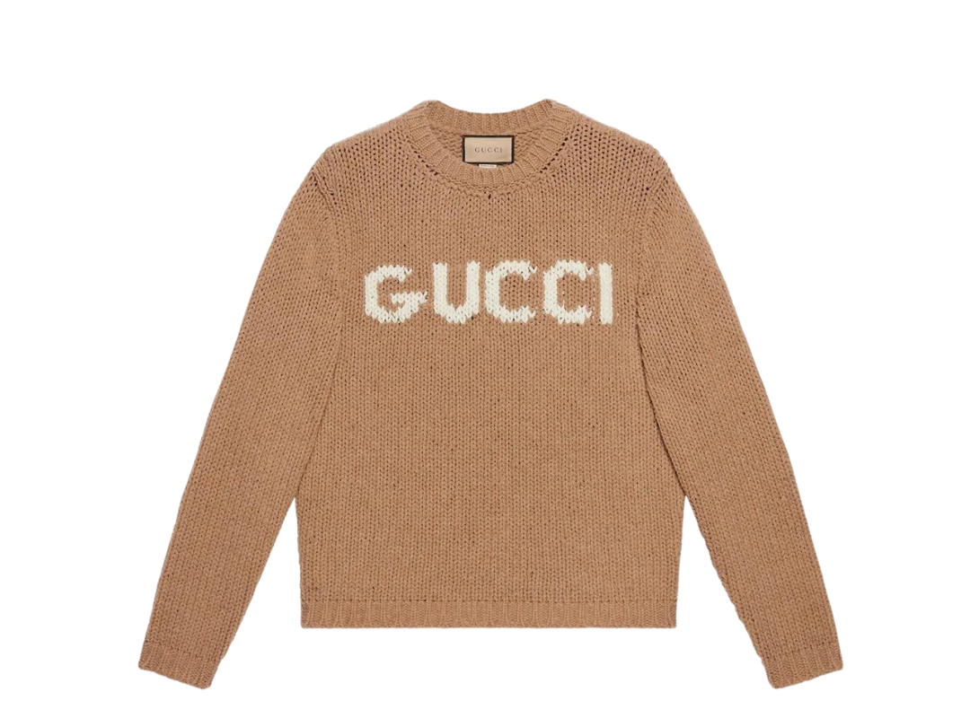 Gucci Gucci Knit Wool Jumper With Gucci Intarsia Camel Ivory