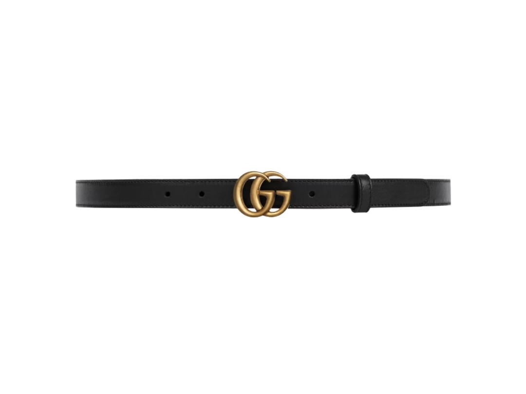Gucci Gucci GG Marmont Thin Leather Belt 20MM In Black Leather With Double G Buckle Antique Brass Hardware