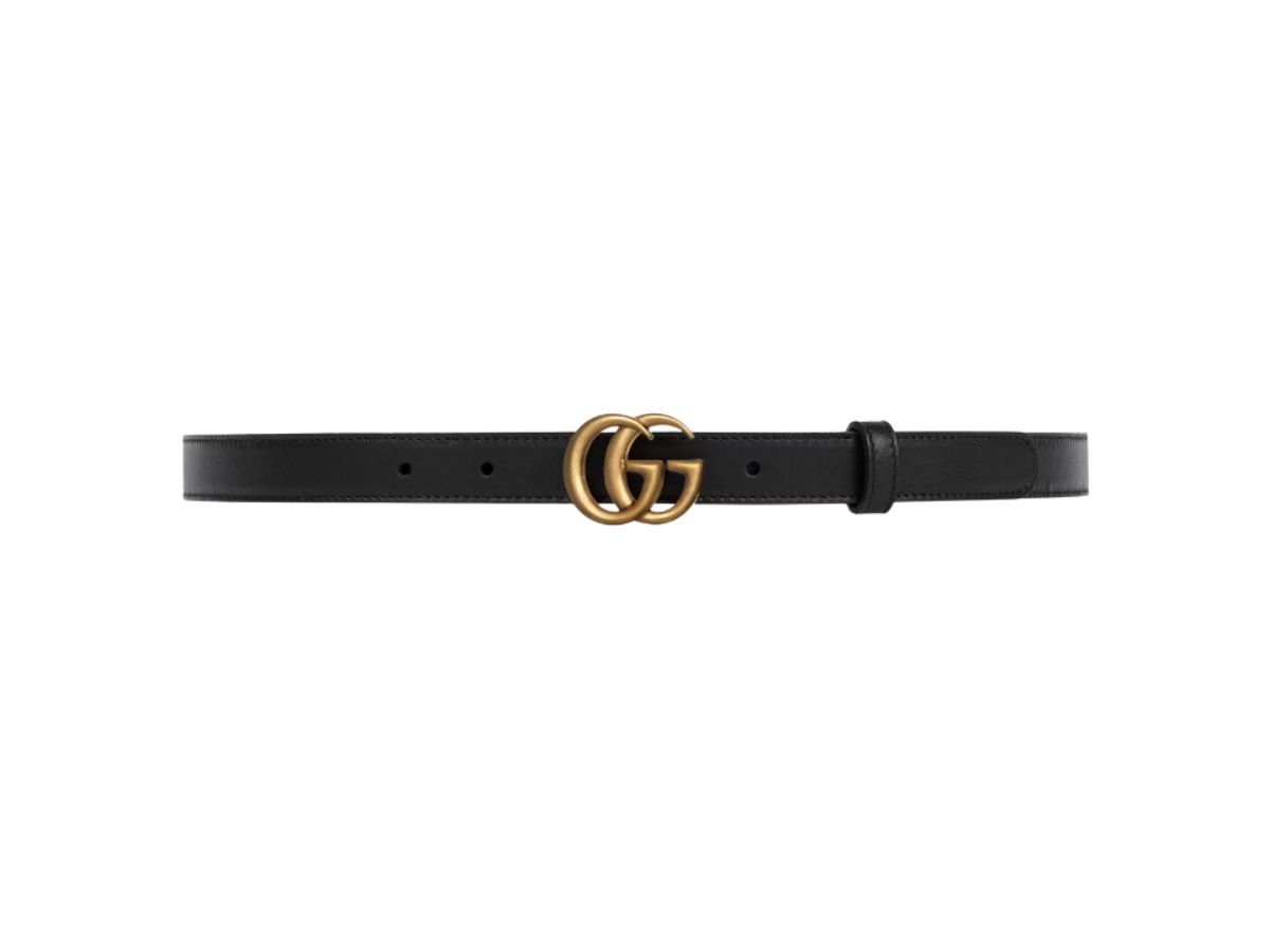 Gucci Gucci GG Marmont Thin Leather Belt 20MM In Black Leather With Double G Buckle Antique Brass Hardware