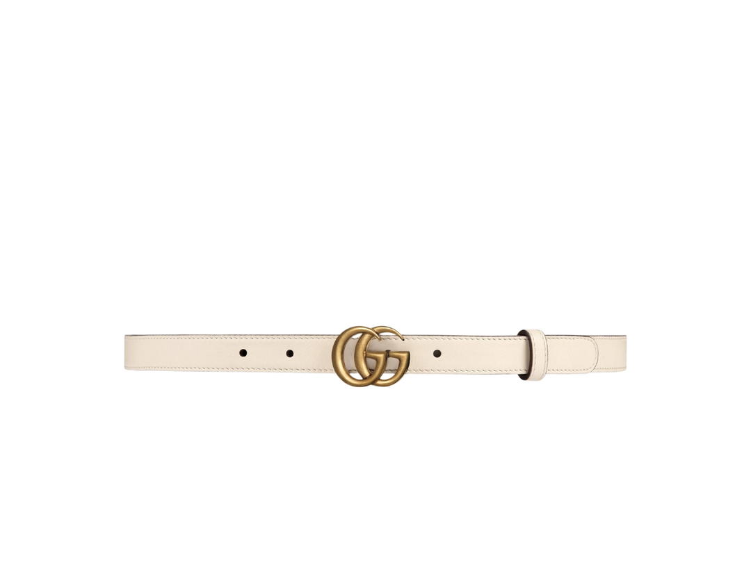 Gucci Gucci GG Marmont Thin Leather Belt 20MM In White Leather With Double G Buckle Antique Brass Hardware