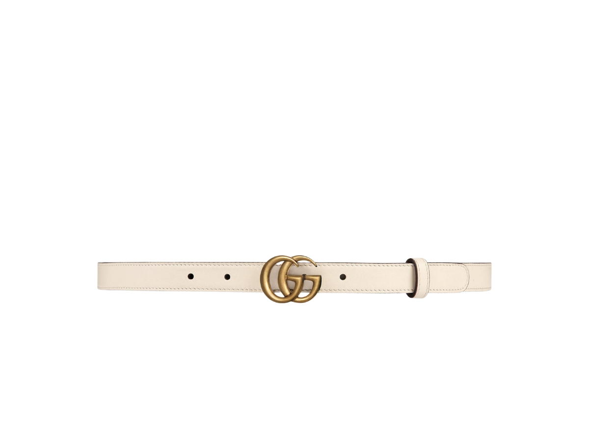 Gucci Gucci GG Marmont Thin Leather Belt 20MM In White Leather With Double G Buckle Antique Brass Hardware