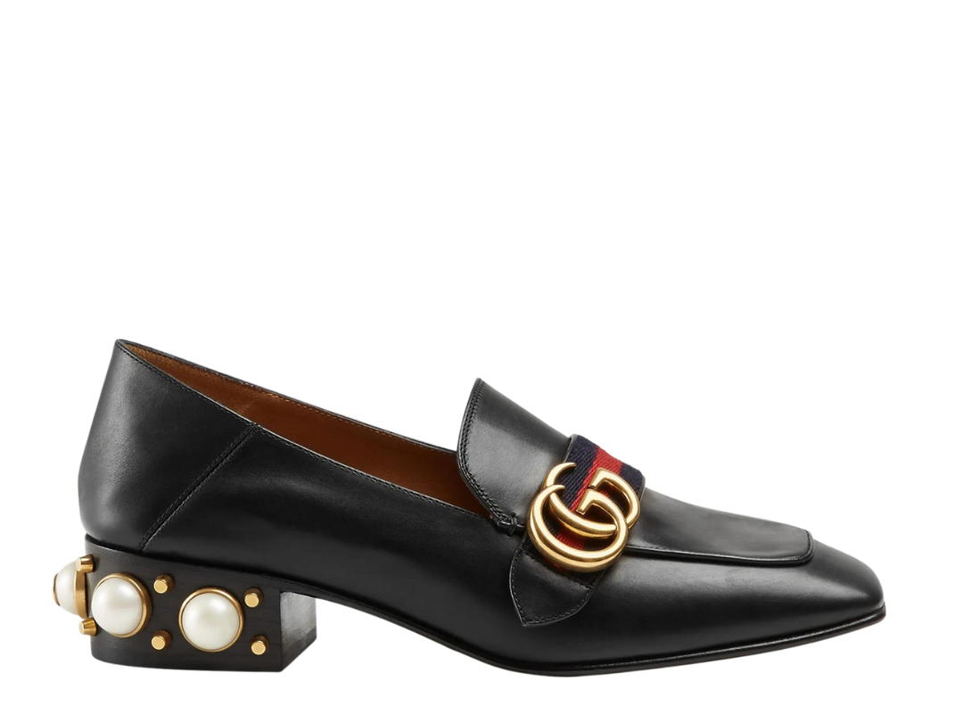 Gucci Gucci Leather Mid-Heel Loafer In Black Leather-Blue-Red Web With GG Pearl And Studs