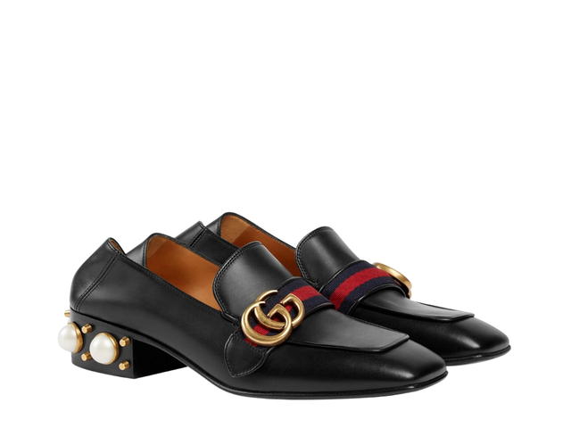 Gucci Gucci Leather Mid-Heel Loafer In Black Leather-Blue-Red Web With GG Pearl And Studs - view 2