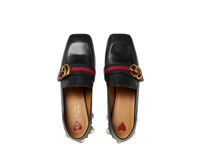 Gucci Gucci Leather Mid-Heel Loafer In Black Leather-Blue-Red Web With GG Pearl And Studs - view 3
