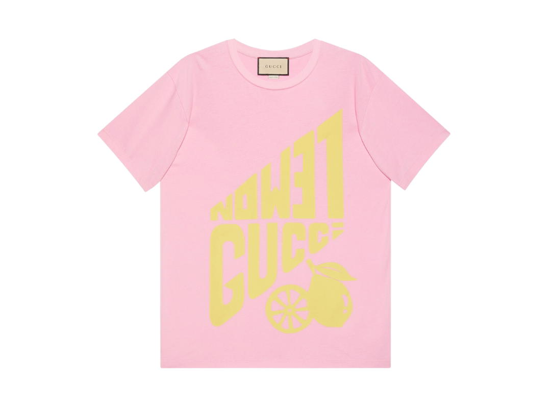 Gucci Gucci Lemon Gucci Print Cotton T-Shirt In Pink Cotton Jersey With Yellow Print Crewneck
