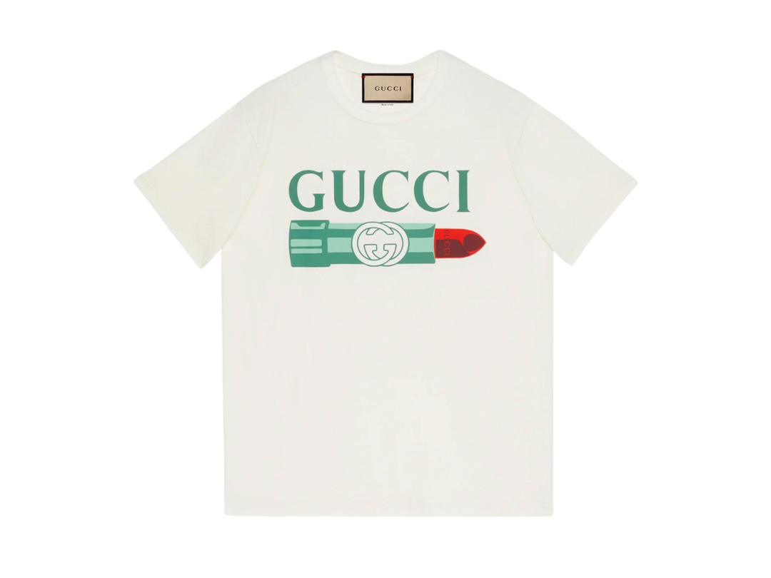 Gucci Gucci Lipstick Print Cotton T-Shirt In White Cotton Jersey With Gucci Lipstick Print Crewneck