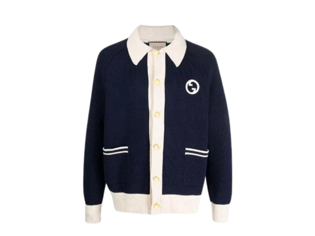 Gucci Gucci Logo-Embroidered Knitted Cardigan Navy White