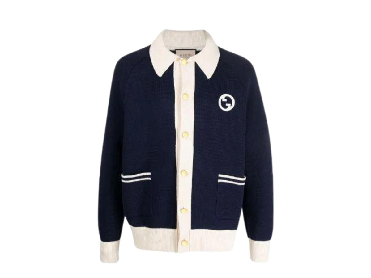 Gucci Gucci Logo-Embroidered Knitted Cardigan Navy White