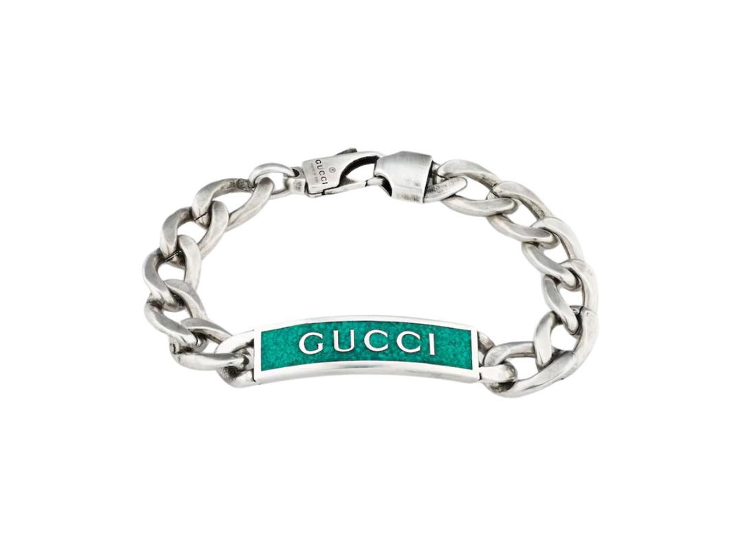 Gucci Gucci Logo Enamel Bracelet In Sterling Silver And Gourmette Chain Design With Turquoise Enamel