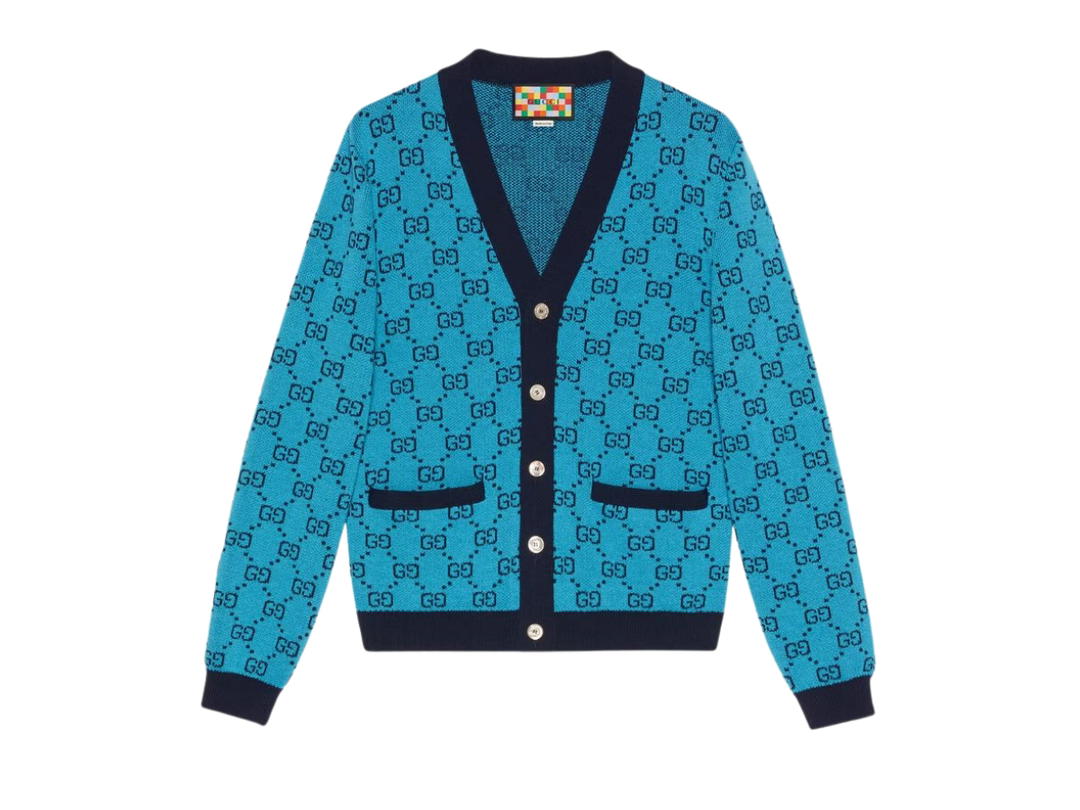 Gucci Gucci Logo Jacquard Wool And Cotton Blend Cardigan Blue