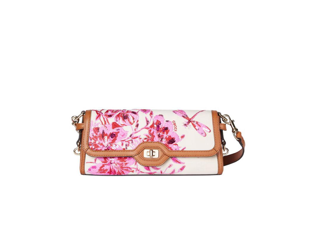 Gucci Gucci Luce Small Shoulder Bag In White And Pink Canvas With Light Gold-Toned Hardware