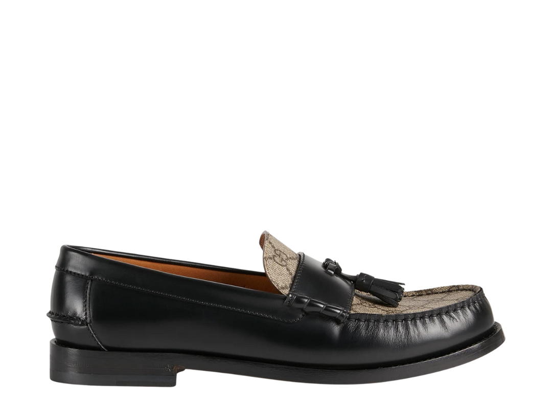 Gucci Gucci Men's GG Loafer With Tassel In Black Leather And Beige And Ebony GG Supreme Canvas