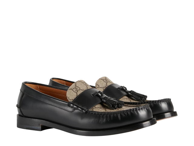 Gucci Gucci Men's GG Loafer With Tassel In Black Leather And Beige And Ebony GG Supreme Canvas - view 2