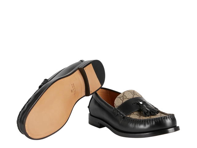 Gucci Gucci Men's GG Loafer With Tassel In Black Leather And Beige And Ebony GG Supreme Canvas - view 3