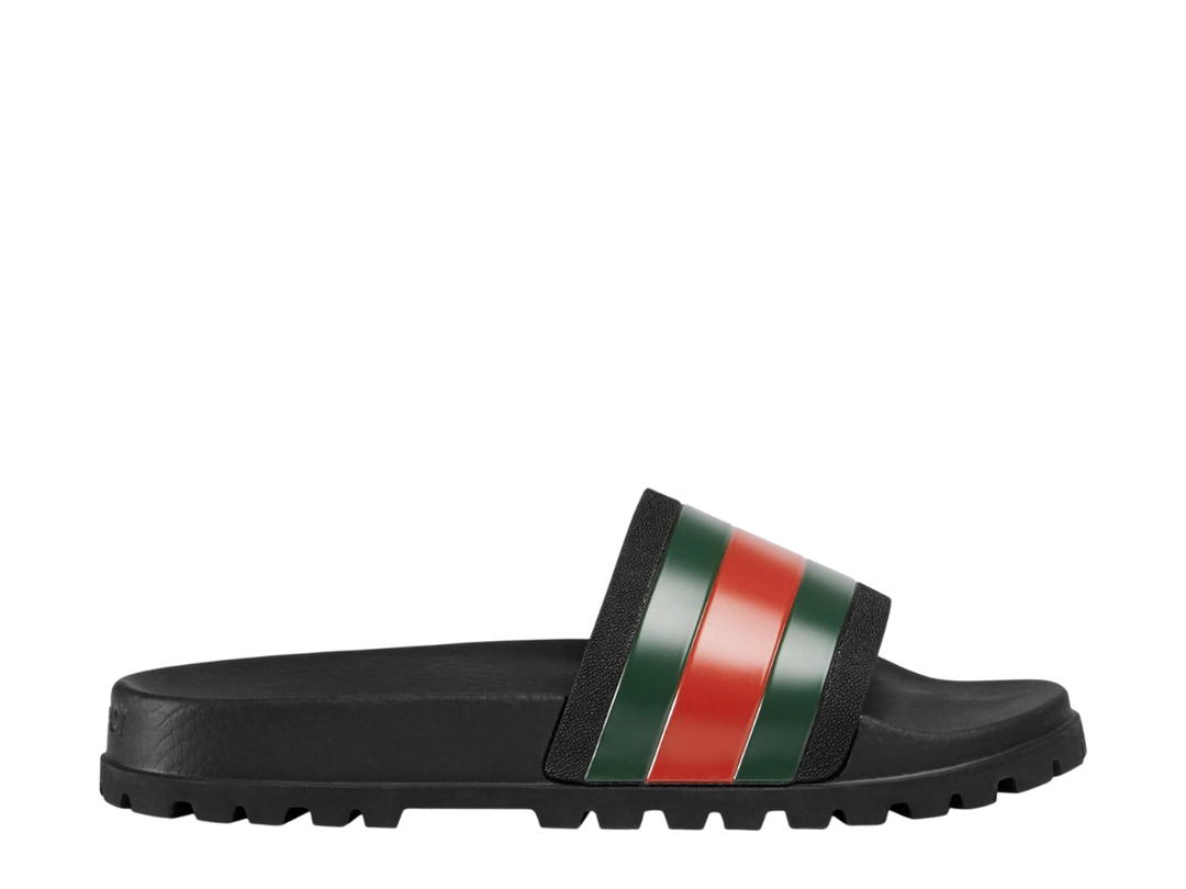 Gucci Gucci Men's Web Rubber Slide Sandal In Black Rubber-Green And Red Web With Molded Rubber Footbed