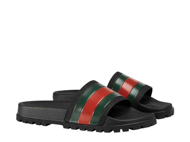 Gucci Gucci Men's Web Rubber Slide Sandal In Black Rubber-Green And Red Web With Molded Rubber Footbed - view 2