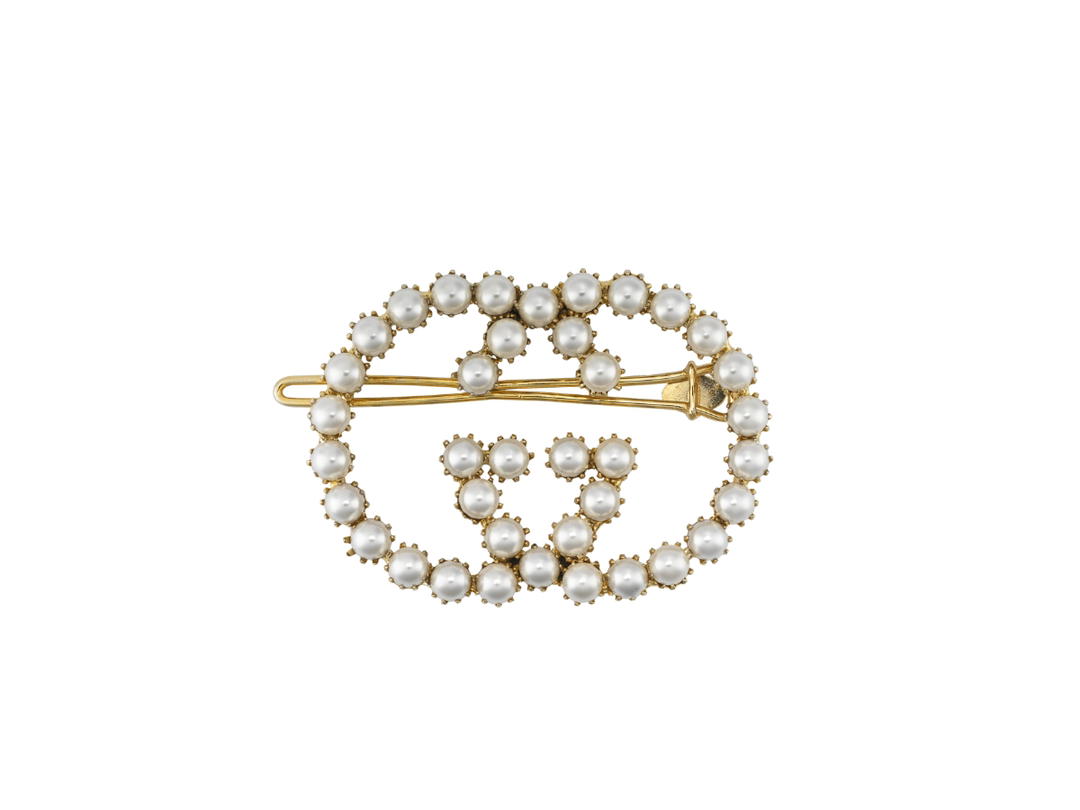Gucci Gucci Pearl Interlocking G Hair Clip In Gold Finish Metal With Resin Pearls