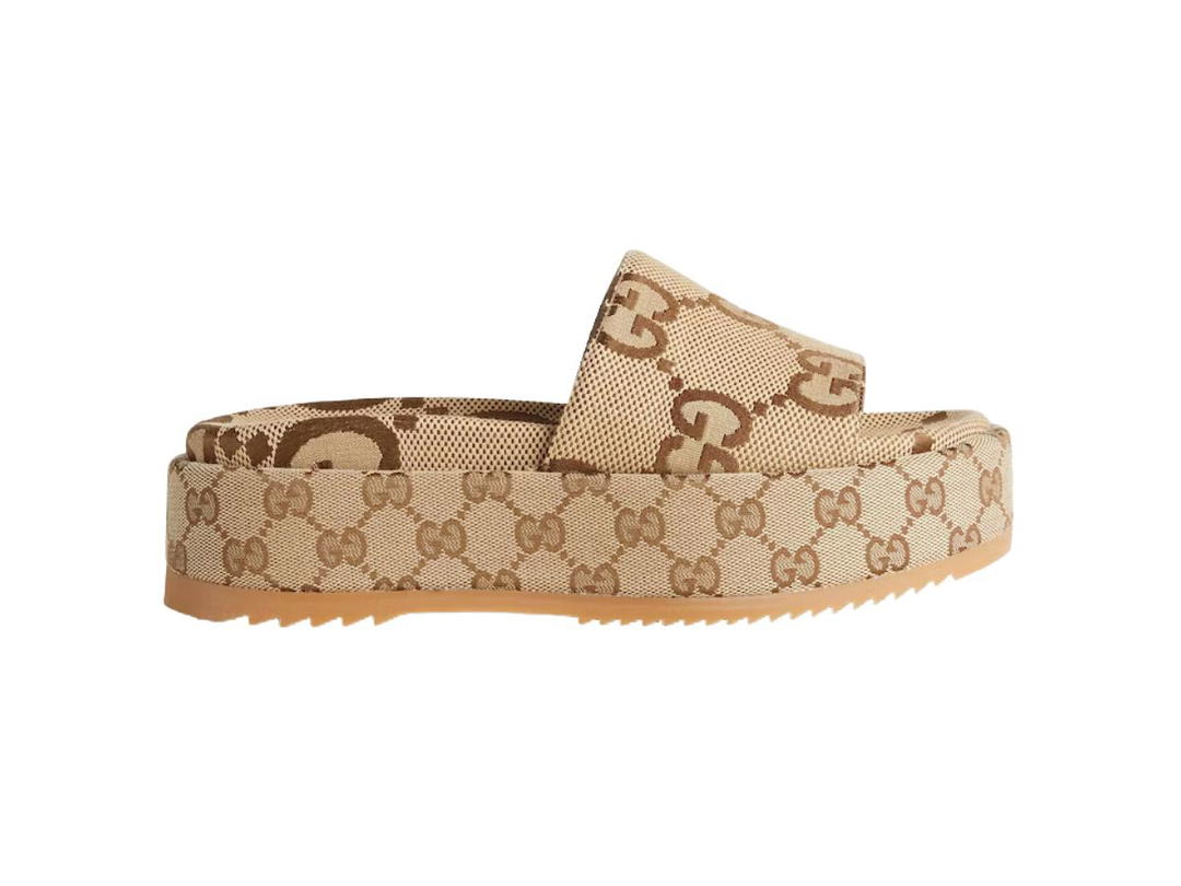 Gucci Gucci Platform Slide Sandal Camel And Ebony Maxi GG Canvas With GG Canvas Trim (W)