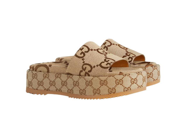 Gucci Gucci Platform Slide Sandal Camel And Ebony Maxi GG Canvas With GG Canvas Trim (W) - view 2