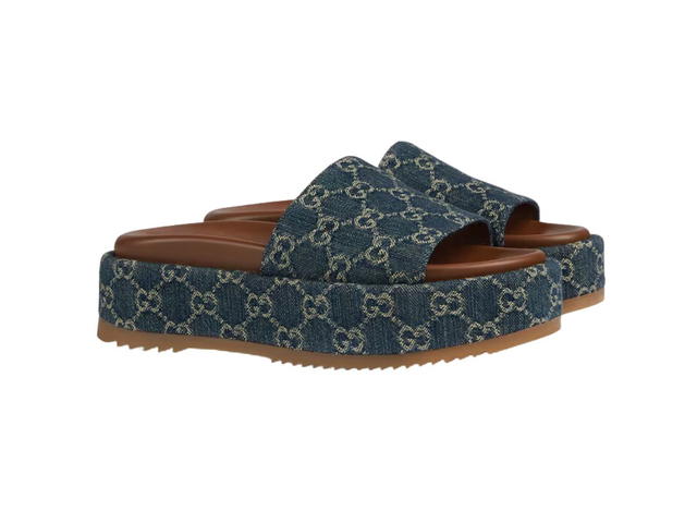 Gucci Gucci Platform Slide Sandal Dark Blue And Ivory GG Denim Canvas (W) - view 2