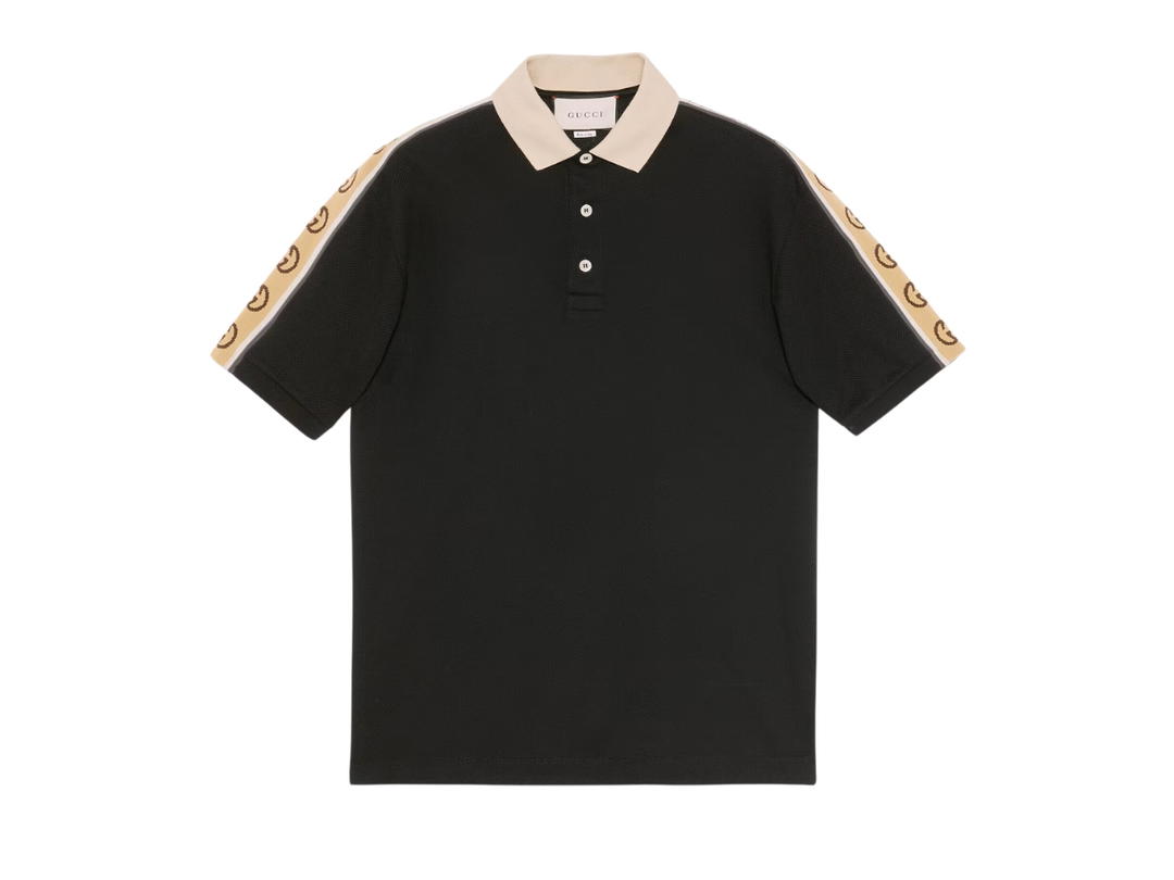 Gucci Gucci Polo With Interlocking G Stripe Black Stretch Cotton Piquet With Beige Collar