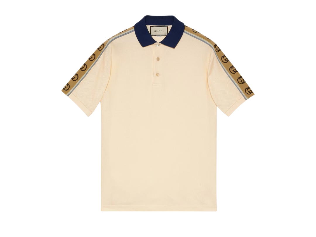 Gucci Gucci Polo With Interlocking G Stripe Off-White Stretch Cotton Piquet With Blue Collar