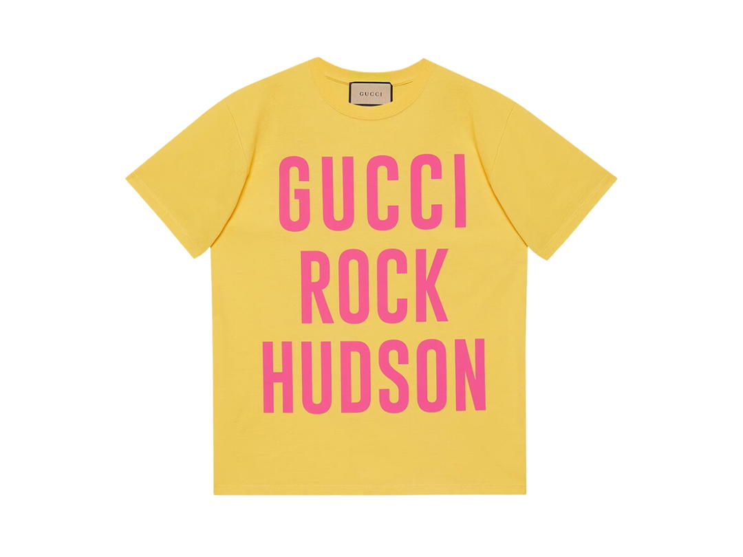 Gucci Gucci Rock Hudson Cotton T-Shirt In Yellow Cotton Jersey With Pink Print Crewneck