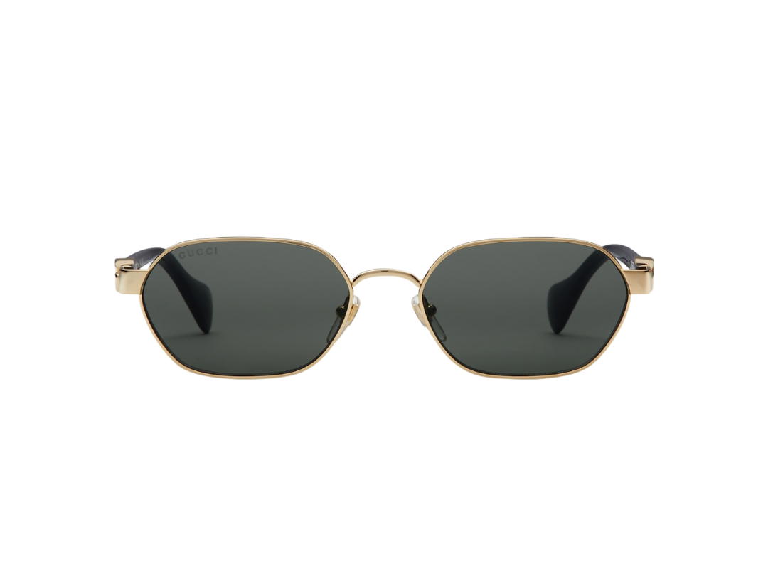 Gucci Gucci Round-Frame Sunglasses In Shiny Solid Black Acetate-Gold Toned Metal Frame Double G Detail With Solid Grey Lens