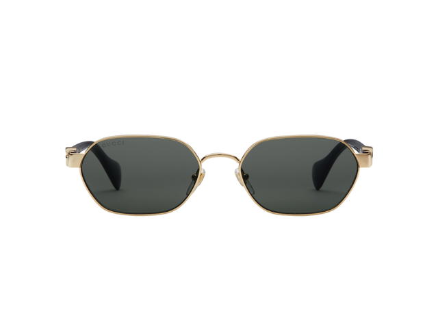 Gucci Gucci Round-Frame Sunglasses In Shiny Solid Black Acetate-Gold Toned Metal Frame Double G Detail With Solid Grey Lens - view 1