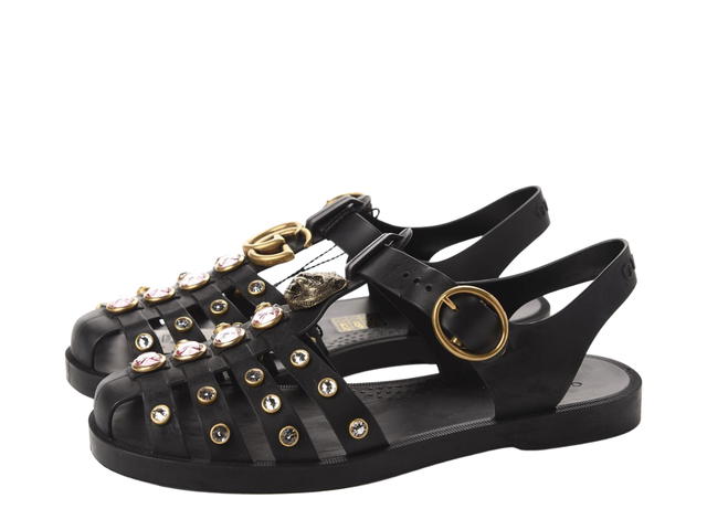 Gucci Gucci Rubber Buckle Strap Sandals With Crystal Black - view 2