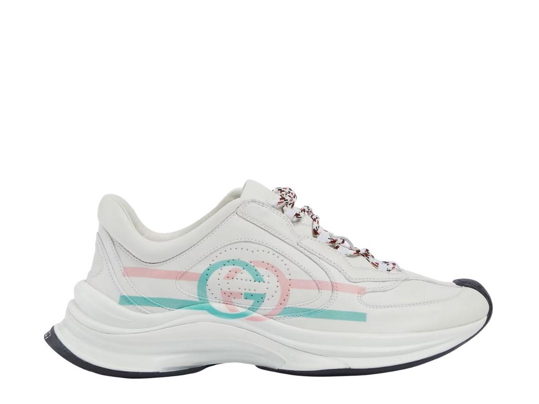 Gucci Gucci Run Trainers In Leather With Pink and Turquoise Interlocking G White (W)