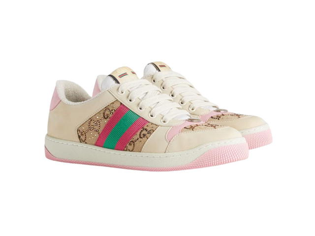 Gucci Gucci Screener Sneaker With Crystals In Beige And Ebony GG Canvas With Crystals And Pink And Green Vintage Web (W) - view 2