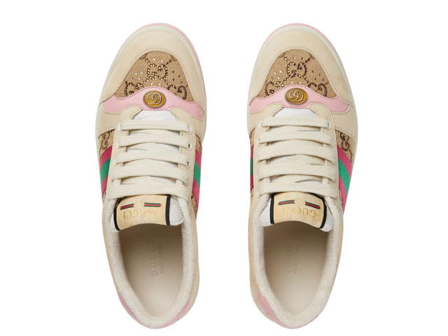 Gucci Gucci Screener Sneaker With Crystals In Beige And Ebony GG Canvas With Crystals And Pink And Green Vintage Web (W) - view 3
