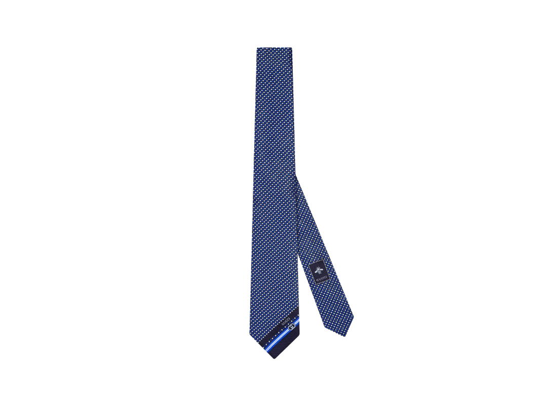 Gucci Gucci Silk Tie With Interlocking G Detail In Gucci Interlocking G Stripe Detail-Navy Blue And Green Geometric Silk Jacquard