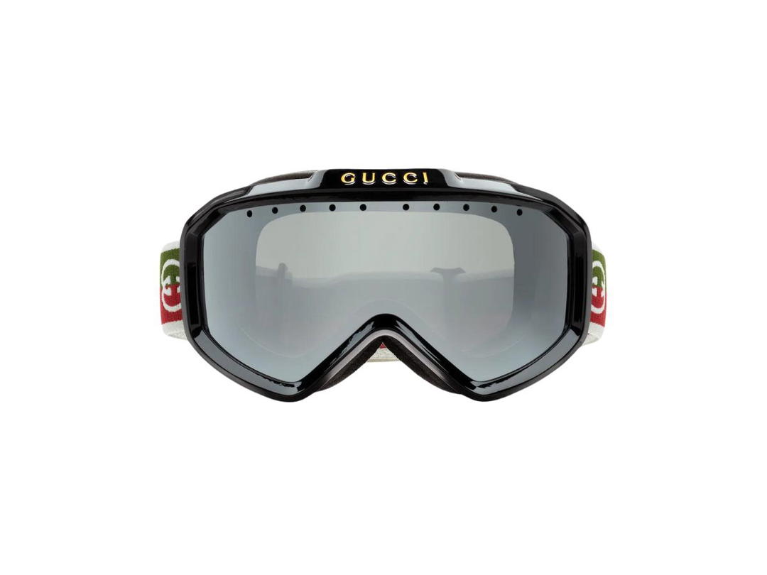 Gucci Gucci Ski Goggles In Shiny Black Injected Frame With Interlocking G Green And Red Temple Strap And Dark Grey Silver Lens