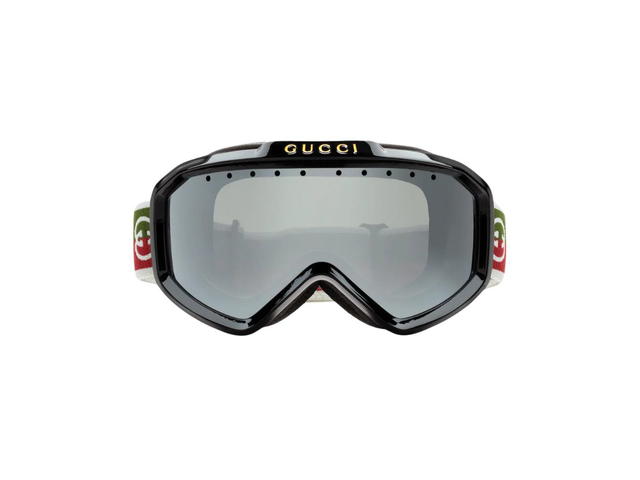 Gucci Gucci Ski Goggles In Shiny Black Injected Frame With Interlocking G Green And Red Temple Strap And Dark Grey Silver Lens - view 1
