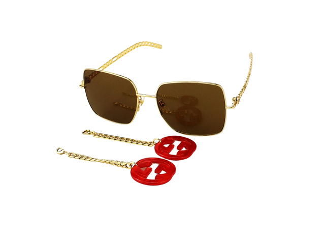Gucci Gucci Square-Frame Sunglasses In Gold Metal Frame With Brown Lens Heart Chain - view 2