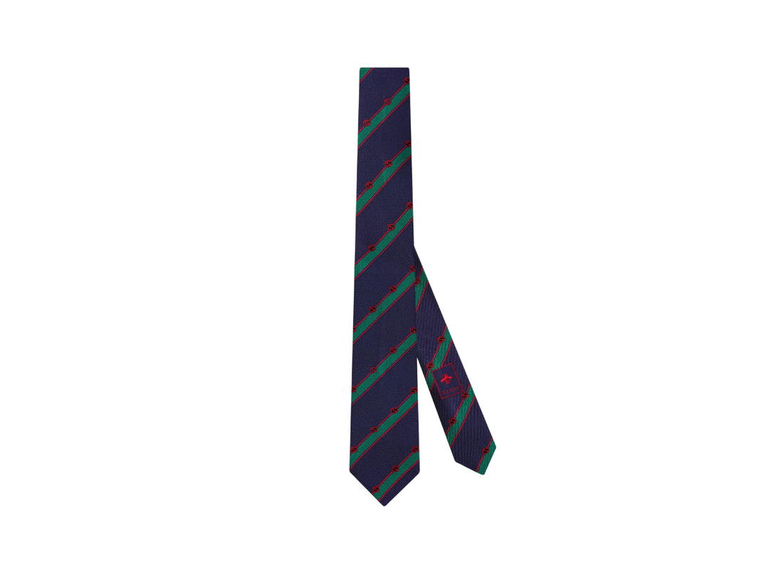 Gucci Gucci Striped Silk Tie In Green And Blue Navy Silk With Striped Jacquard-Interlocking G