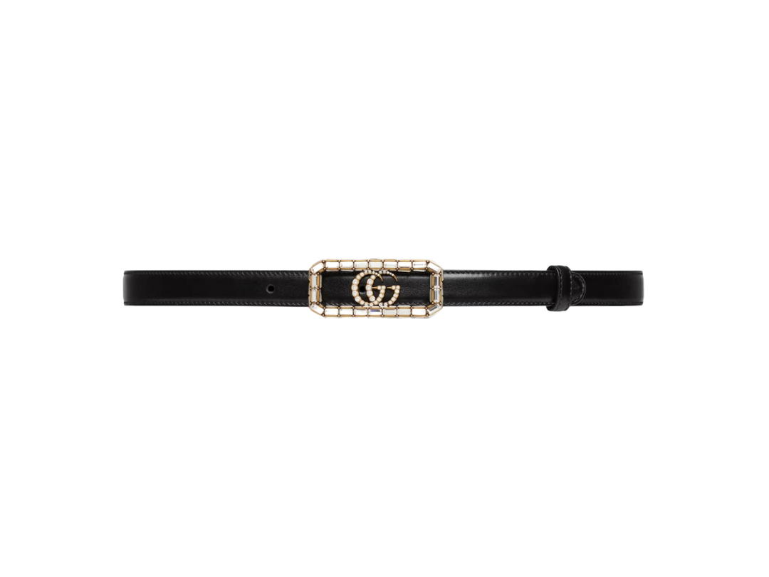 Gucci Gucci Thin Belt With Crystal Double G Buckle 20MM In Black Leather With Gold-Toned Hardware