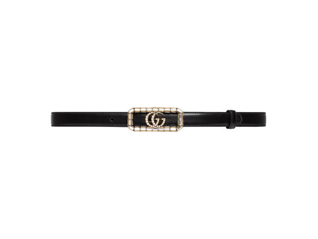 Gucci Gucci Thin Belt With Crystal Double G Buckle 20MM In Black Leather With Gold-Toned Hardware - view 1